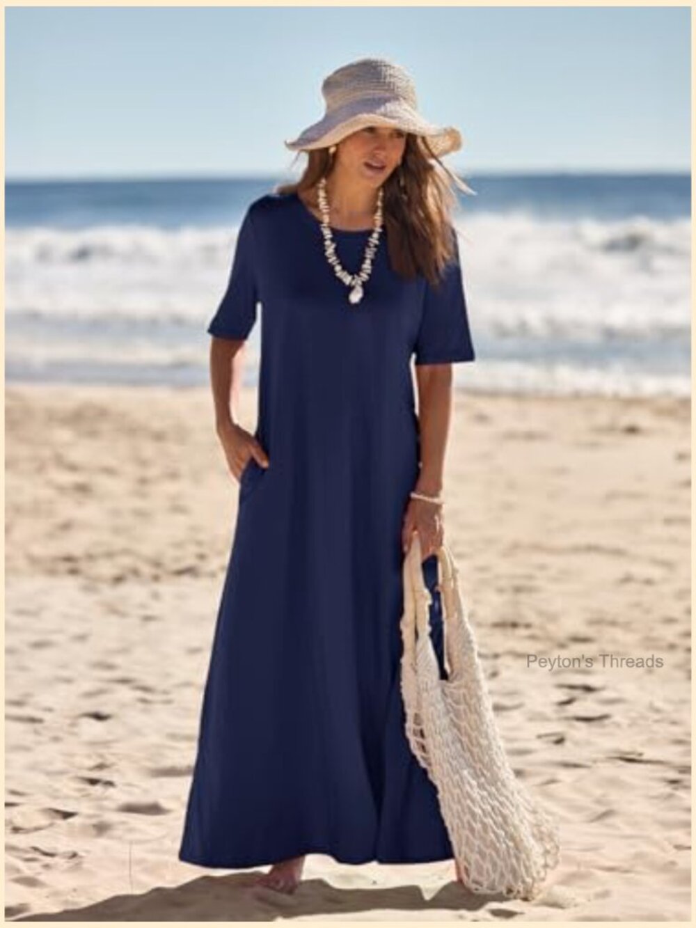 Summer Casual Maxi Dress with Pockets Crew Neck Short Sleeve Modest Long T - Picture 6 of 7